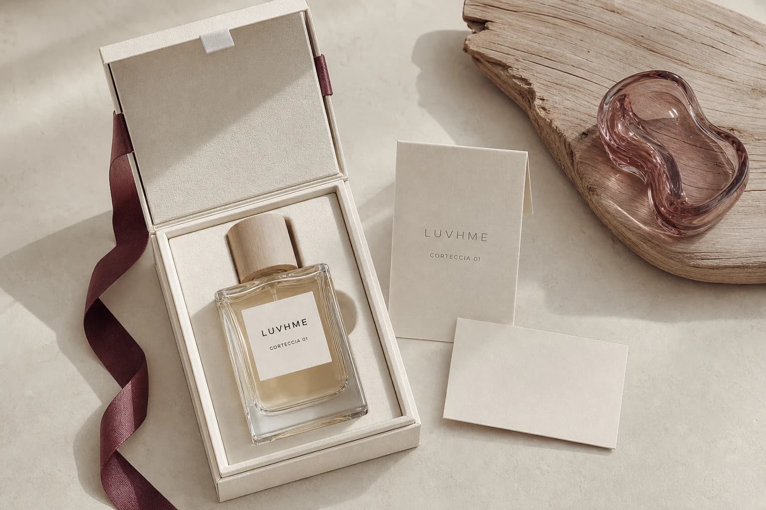 Confezione regalo Luvhme in carta avorio e nastro bordeaux